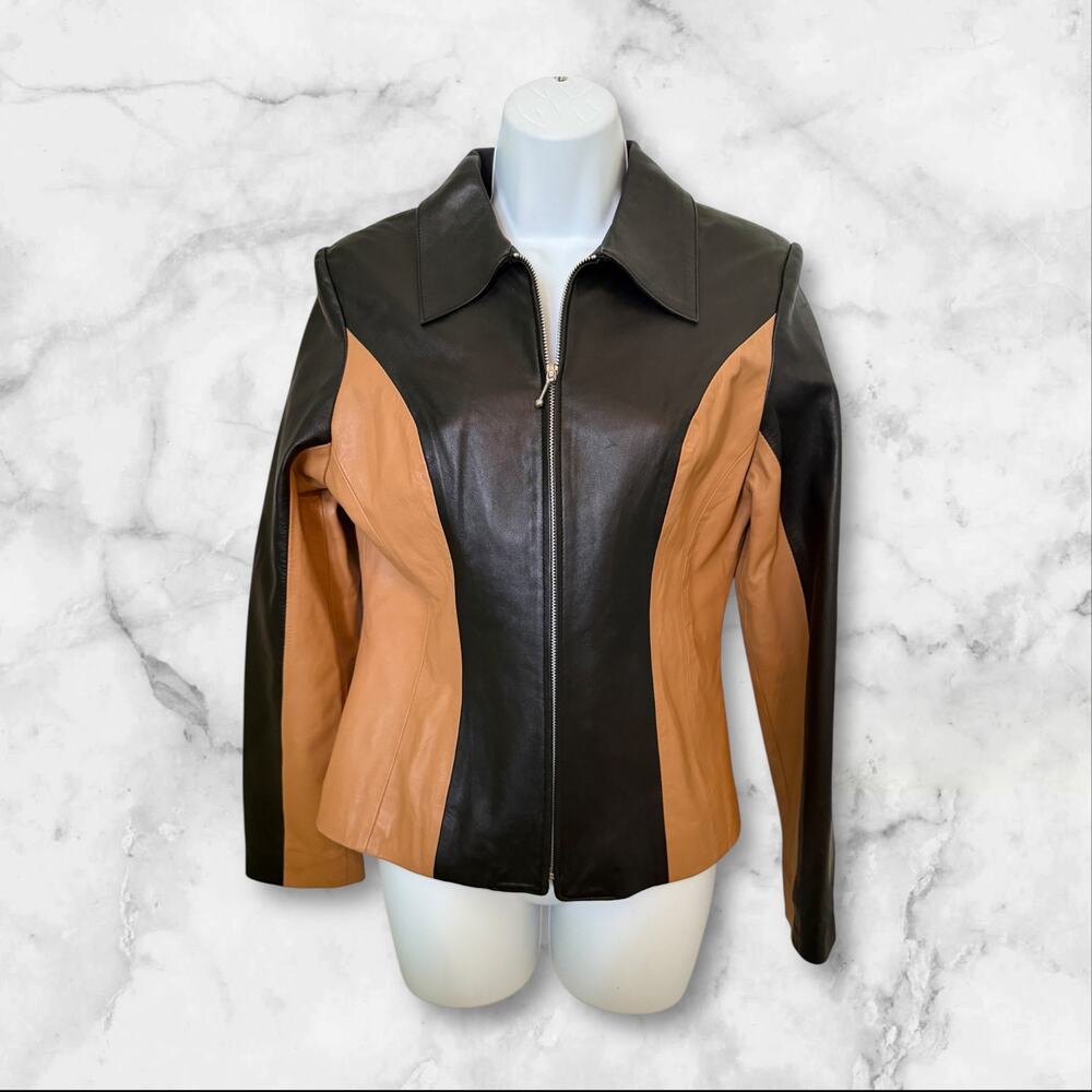 B&J Genuine Leather Two-Tone Black & Tan Zip Front Jacket Women’s Small